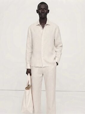 Reiss ecru linen blend Button-Down Casual Shirt_Limited Edition